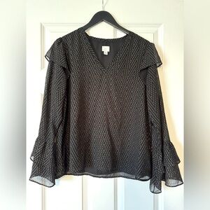 A New Day Black & Gold Flutter Bell Sleeve Blouse • Size Medium